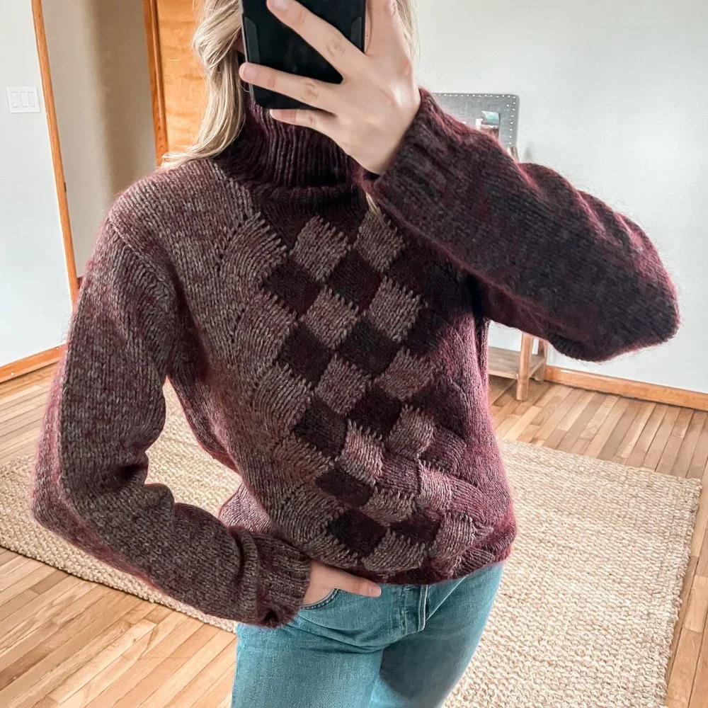 DKNY Wool Mohair Blend Maroon Checkered Knit Designer Turtleneck Sweater SAMPLE